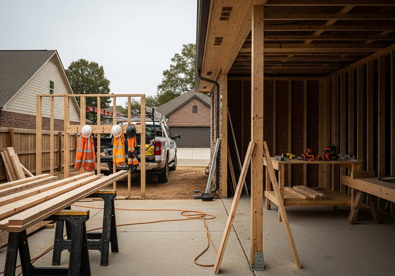 Construction crew and tools on a residential job site, ready for a home remodel or addition project.
