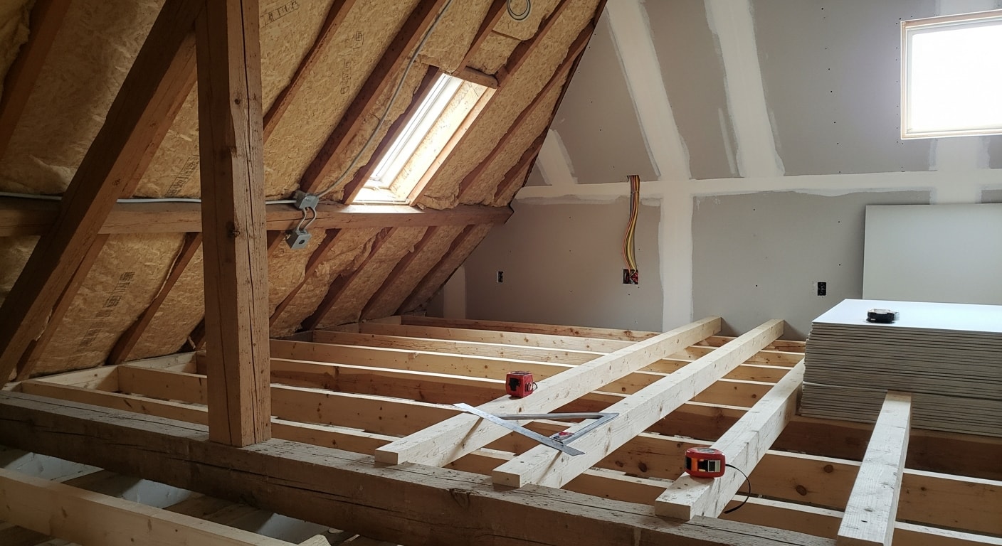 A finished attic conversion in a Rogers, AR home showing a bright, framed bedroom with sloped ceiling walls and new drywall. Natural light enters through a gable window, with clean trim work and a wood floor visible throughout the converted space.