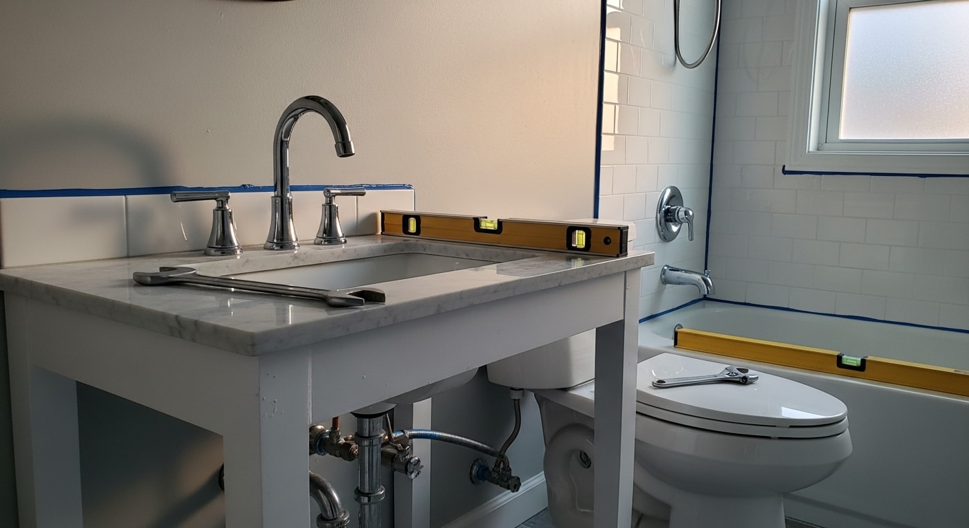 Newly installed bathroom vanity, sink, and faucet in a Rogers, AR home, with clean lines and tight fixture connections. A finished bathroom interior showing a properly seated toilet and updated showerhead in a Northwest Arkansas residential bathroom.