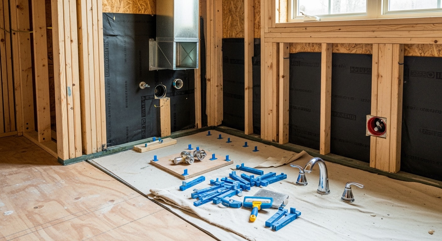 Remodeled bathroom in a Rogers, AR home featuring new tile flooring, an updated vanity, and a walk-in shower with waterproof wall panels. Interior completed by Covey Construction as part of a full bathroom renovation project in Rogers.