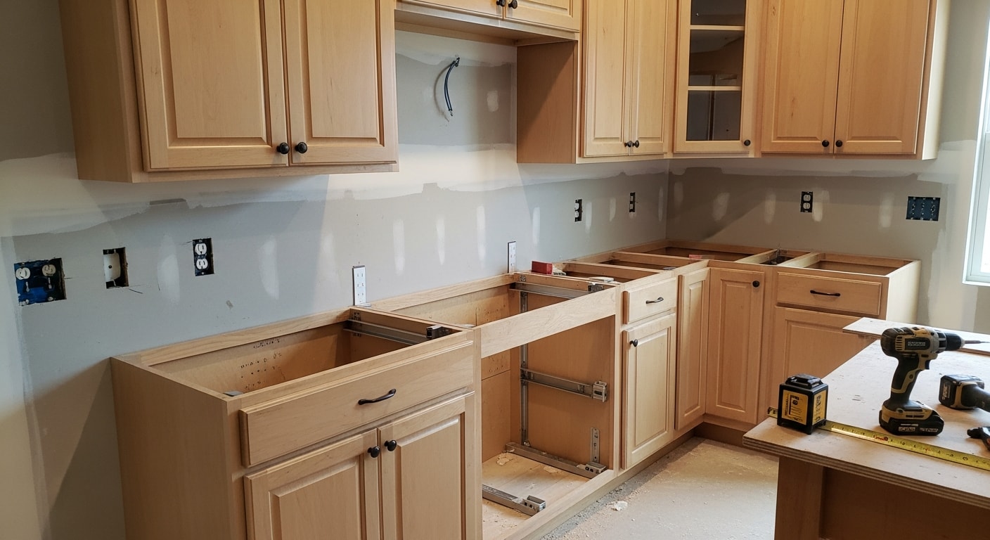 Newly installed white shaker kitchen cabinets with open wall space and clean soffits in a Rogers, AR home remodel by Covey Construction. Base and wall cabinet runs are level and flush, with hardware attached and ready for countertop installation.