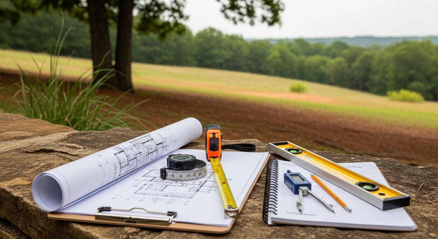 A general contractor and property owner reviewing construction plans on a job site in Rogers, AR, with a residential lot and Northwest Arkansas hillside terrain visible in the background. The consultation setting shows a clipboard with site notes and an open plot plan spread across a folding table.