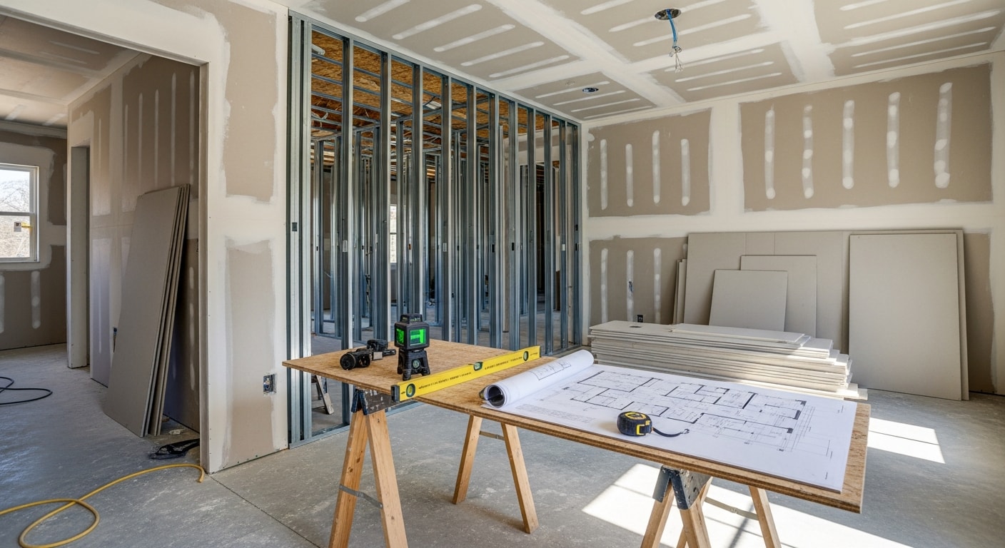 Renovated open-concept living area and kitchen inside a Rogers, AR home after a full remodel by Covey Construction. Updated flooring, fresh interior finishes, and a reconfigured layout are visible throughout the space.