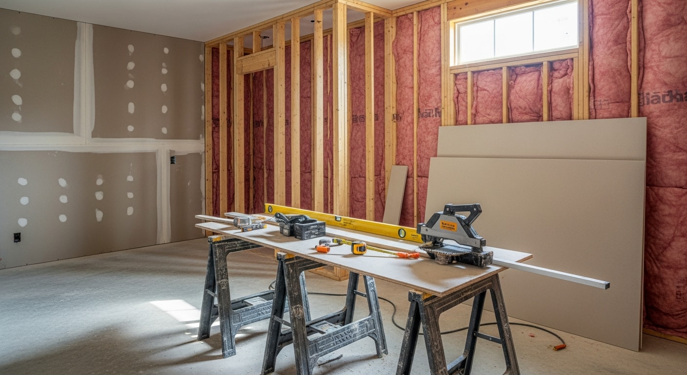 A finished garage conversion interior in Rogers, AR showing insulated walls, drywall, and a wood-style floor in a single-family home. The space is set up as a guest room with a window added to the exterior wall where the garage door once was.