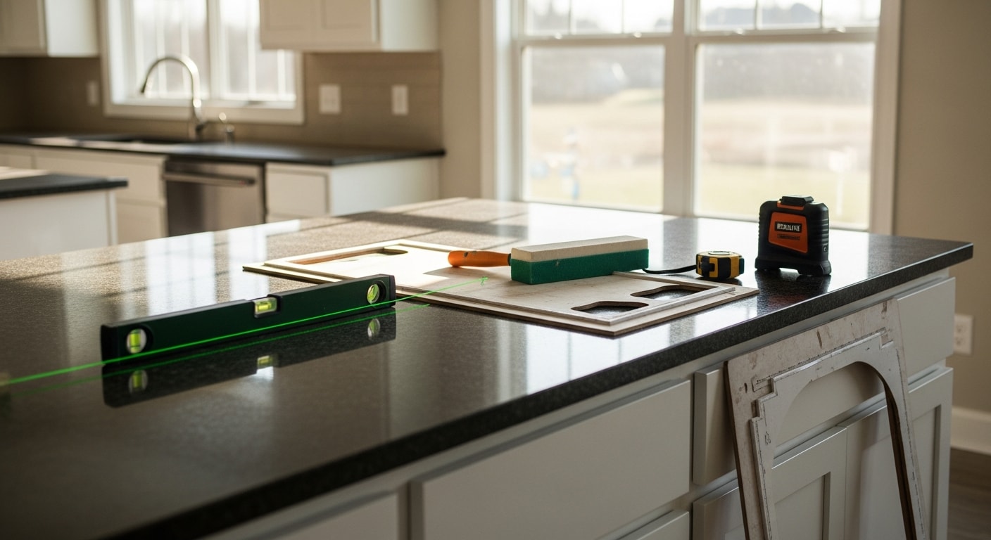 Newly installed kitchen countertop on white shaker cabinets inside a Rogers, AR home remodeled by Covey Construction. The surface shows clean seams, a finished edge profile, and an undermount sink cutout.