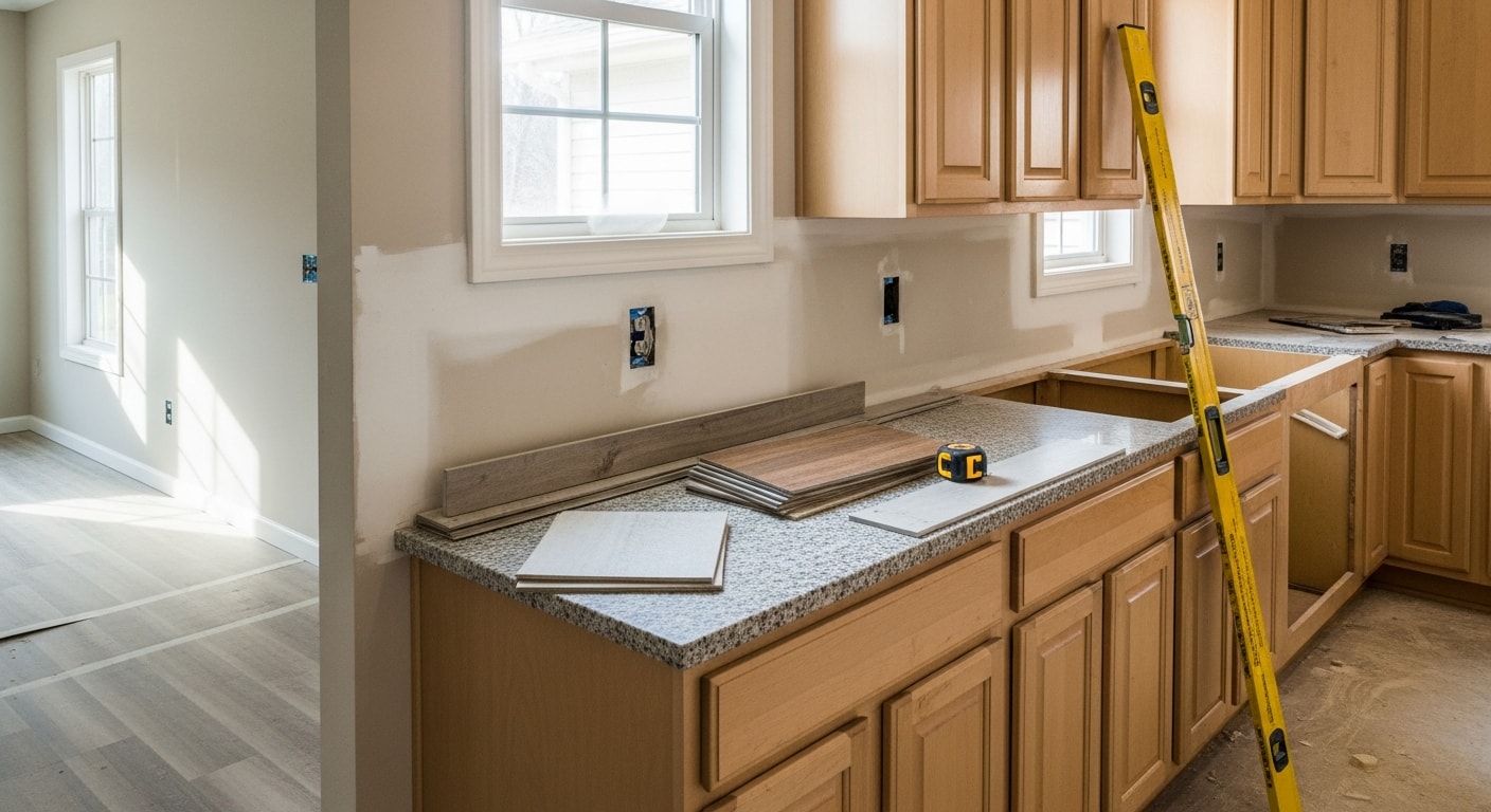 A finished kitchen remodel inside a single-family home in Rogers, AR, showing new cabinetry, updated countertops, and modern flooring. The space reflects a functional open layout typical of Northwest Arkansas residential construction.
