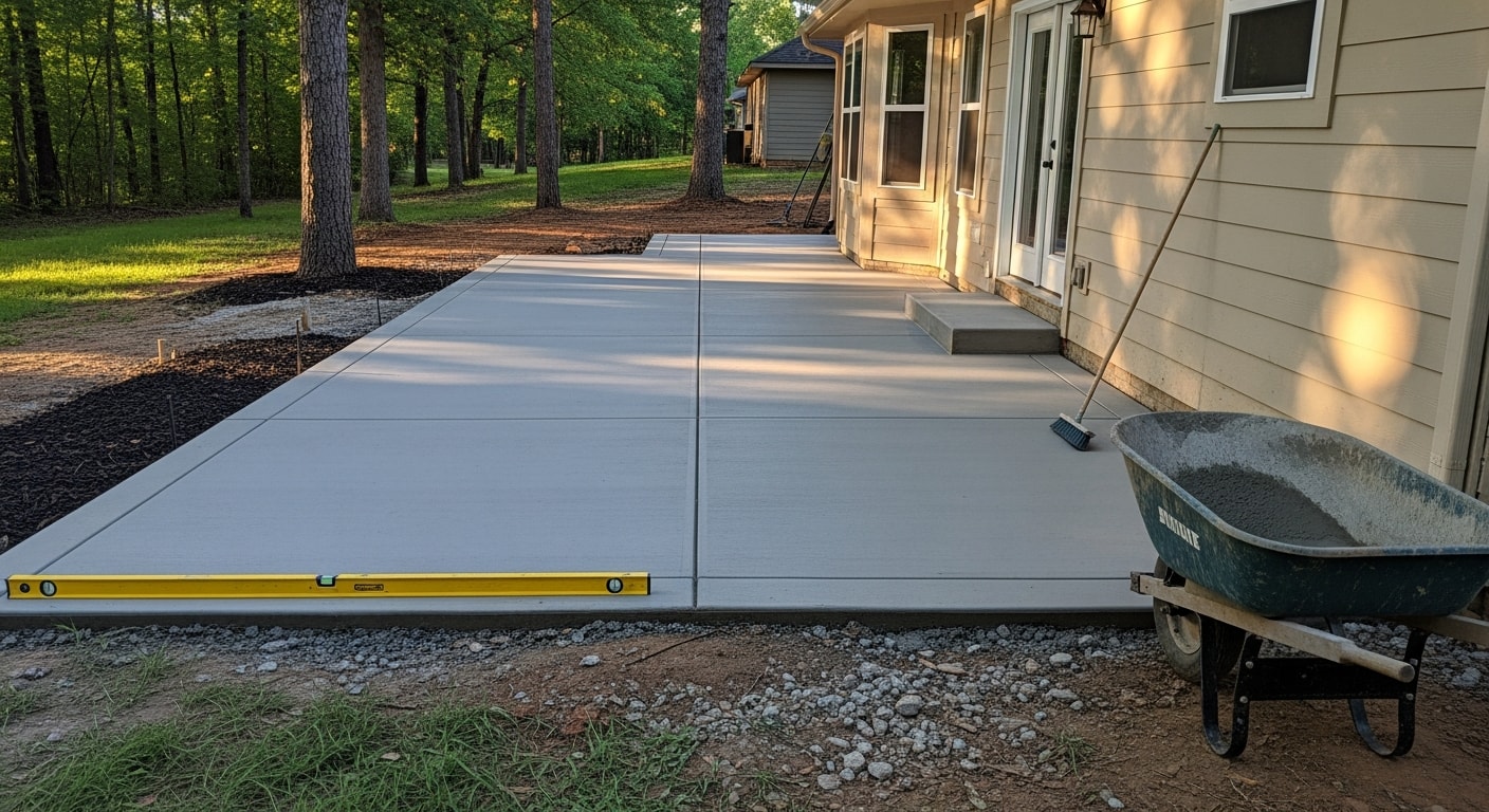 A finished concrete patio extension attached to the back of a single-story home in Rogers, AR, with a covered section and open entertaining area. The surface is level and slopes away from the foundation, with the home's existing siding and trim visible along the connection point.