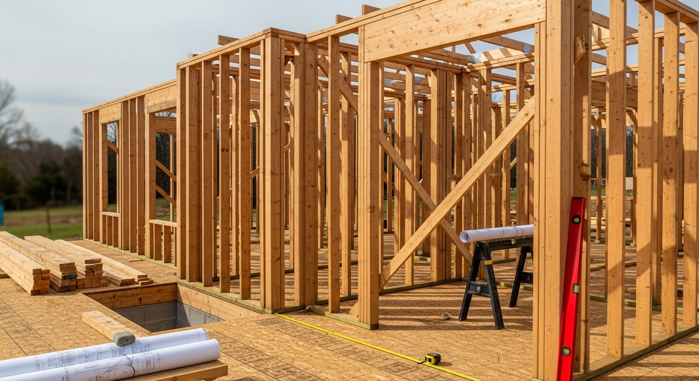 A newly framed single-family home under construction on a residential lot in Rogers, Arkansas. Exposed wood framing and a concrete foundation are visible against a clear sky in a Northwest Arkansas neighborhood.