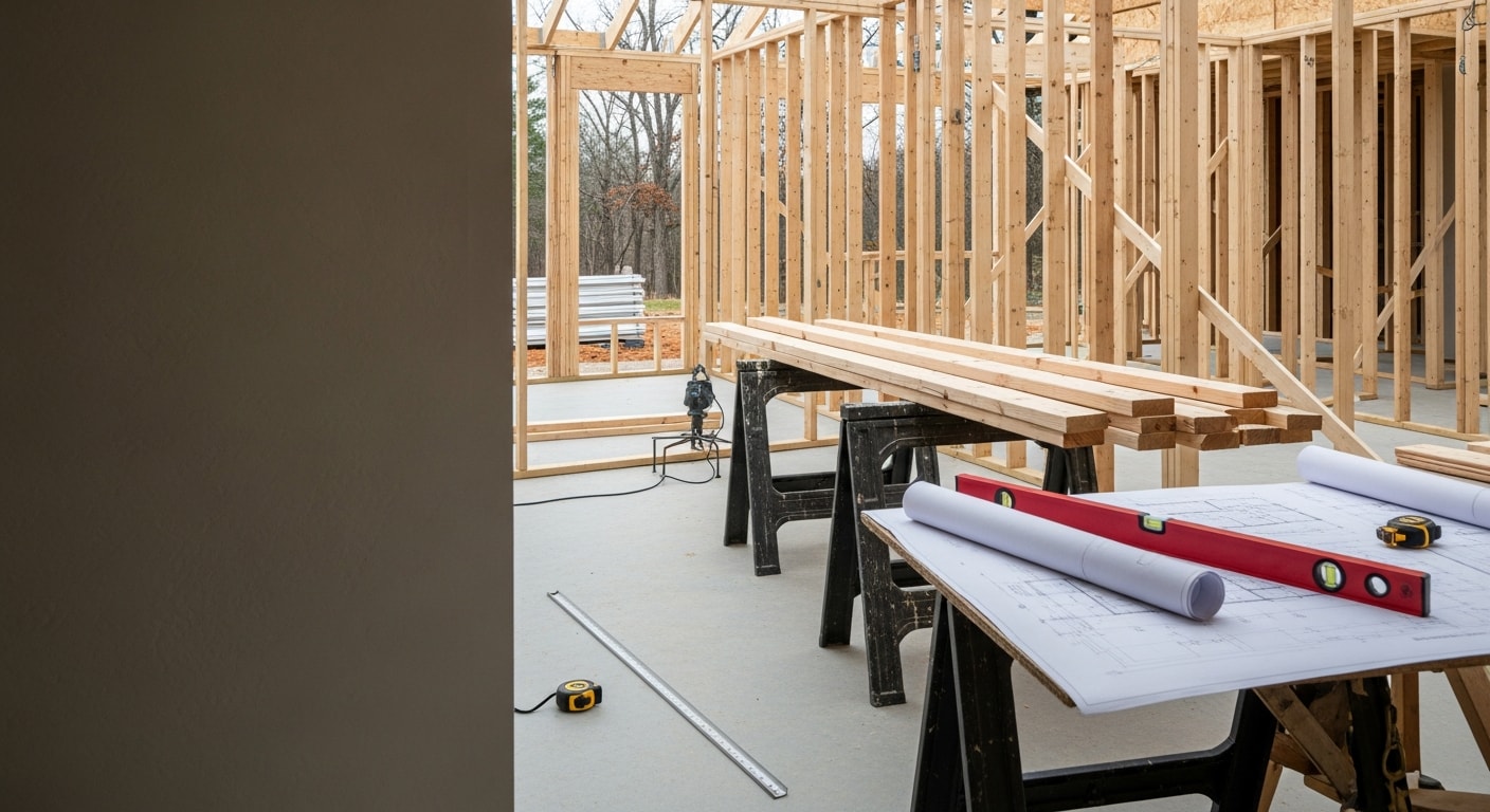 A newly completed single-story room addition attached to a residential home in Rogers, Arkansas, showing a framed exterior wall tied into the existing roofline with matching siding. Interior view of a finished room addition with drywall, trim, and a window overlooking a residential backyard in Rogers, AR.